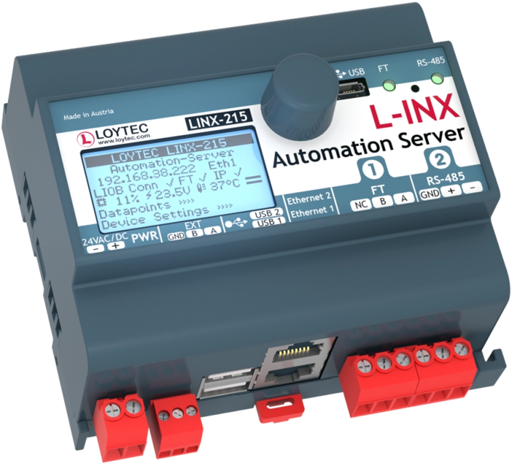 Loytec LINX-215 BACnet Automation Server, B-BC, L-STUDIO Programmable, Built-in BACnet/IP to MS/TP Router, CEA‑709 Automation Server, Built-in IP-852 Router 